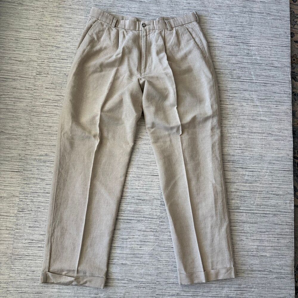 Vintage Dockers Pleated Linen Blend Cuffed Dress Trousers Tan Men's 36 x 32
